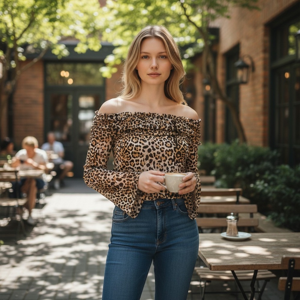 Leopard Print Mesh Top Women Large Brown Sheer Off Shoulder Julia by Love J